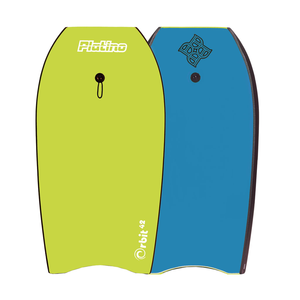 Platino Orbit 39 Inch bodyboard in Apple Green Azure Blue Lime colourway with leash available online or instore at Freeride Surf Skate, Auckland. Shop Platino bodyboards and softboards