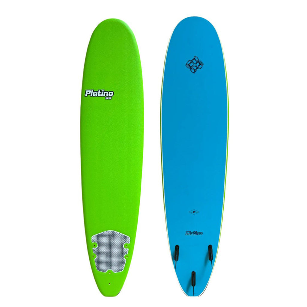 Platino 7ft 6inch Soft Top Softboard Apple Green Azure Blue. Shop Platino softtop softboards on line here at www.platinosoftboards.co.nz or view the full range in store at Freeride Surf Skate, Henderson, Auckland.